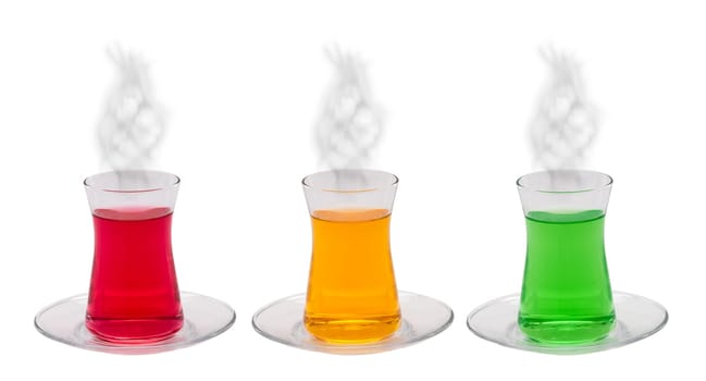A glass of orange, green mint and red cherry tea on isolated white background.