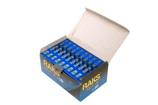 GIESSEN, GERMANY - 2019-08-17 RAKS TAPES. Product Shot of Package with 10 RAKS Tapes isolated on white.