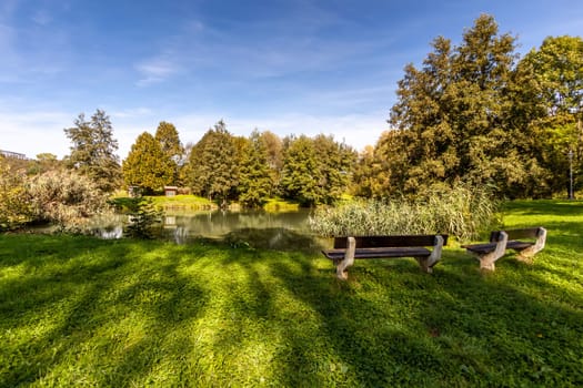 Benchs in the summer park, Czech Republic, city Usti nad Labem. High quality photo