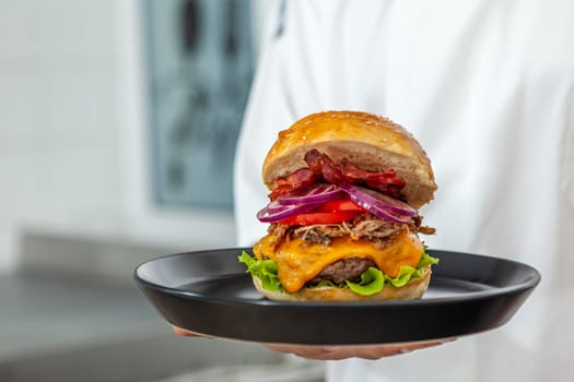 Close-up of home made tasty burgers on plate in restaurant. detail shot