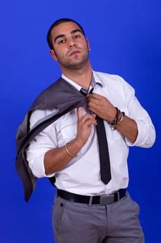 pensive business man portrait on blue background