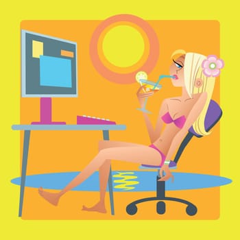 Girl in swimsuit at the resort is working at the computer. Office dream or downshifting