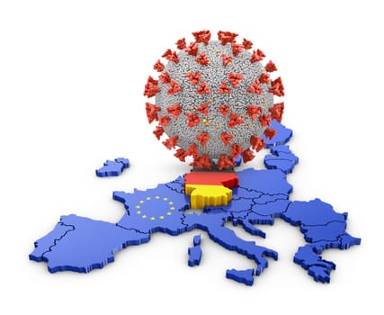 Coronavirus covid 19 against the background of the map of Germany. 3D render.