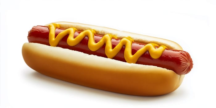 A hot dog, topped with mustard, sits in a bun. A delicious, simple food.