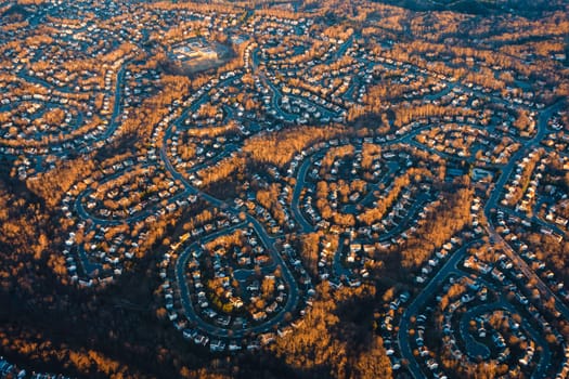 Aerial view of suburban neighborhood in the United States of America
