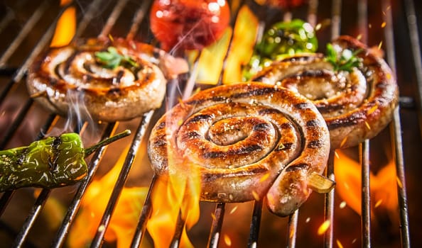 Spirals of spicy sausage grilling on a BBQ over hot flaming coals with chili peppers and tomatoes in close up