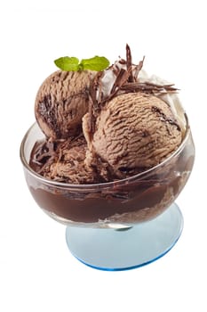Scoops of chocolate flavored ice cream garnished with flakes and fresh mint leaves in a glass pedestal dish isolated on white