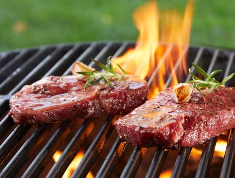 Close-up of two pieces of juicy beef steak seasoned with rosemary herbs on burning grill at the picnic