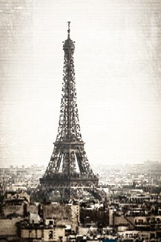 Halftone vector illustration of the Eiffel Tower in Paris, France. Retro look with dotted pattern and sepia tones.