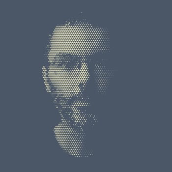 Halftone portrait of bearded man wearing glasses, triangle pattern vector illustration