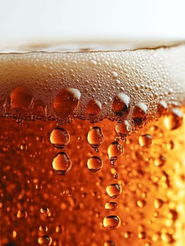 Bubbles of carbonated drink rise to the surface, creating a frothy top. The drink's amber hue is highlighted by the light.