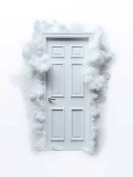 A white door, surrounded by a cloud of white particles, seemingly erupting from the wall. The door is untouched, suggesting a metaphorical concept of opportunity or a new beginning.