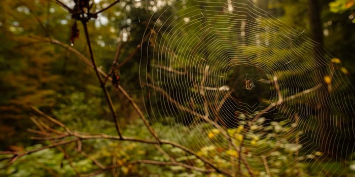 Spider`s web with csoss spider in a forest with back lit