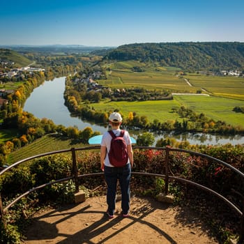 Woman in looking on the river loop of neckar nearby Mundelsheim
