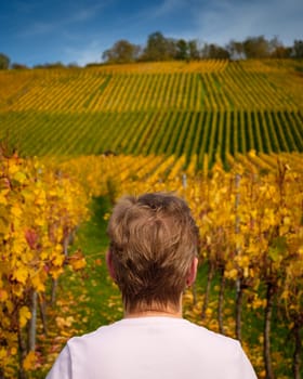 Blonde woman is looking at a vineyard in autumn colors vertical format