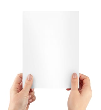 Woman hands holding blank paper sheet A4 size or letter paper isolated on white background. With cliping path elements