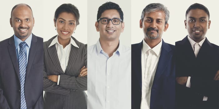Collage portraits of Indian people, mixed age group of focused business professionals.