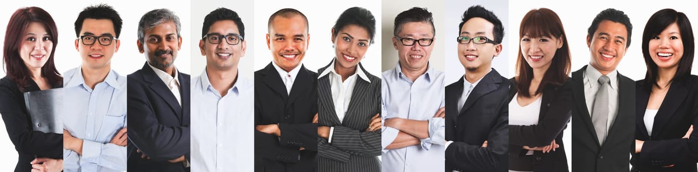 Collage portraits of diverse Asian people and mixed age group of focused business professionals.