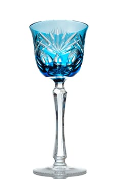 Crystal wine glass in aquamarine on white in back lit