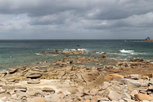 View of the Atlantic Ocean from the coast of Ile Grande in Pleumeur-Bodou, Brittany, France