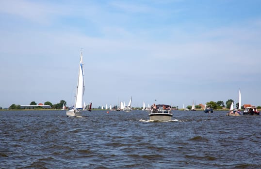 Heeg, Friesland, The Netherlands - June 2, 2019  Ships at the Heeger Lake in Heeg, Friesland, The Netherlands..
