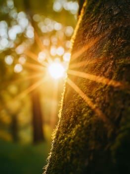 Sunlight streams through trees, illuminating mossy tree bark. Golden rays highlight the texture.
