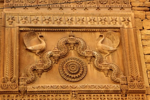 Decorative design on panel of wall at Patawon-ki-Haweli in Jaisalmer Fort, Jaisalmer, Rajasthan, India, Asia
