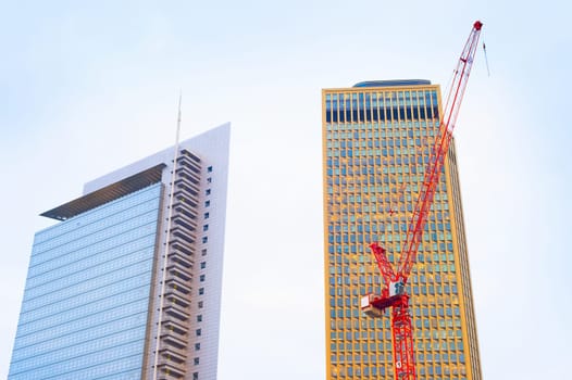Construction of modern skyscrapers in progress. Frankfurt, Germany