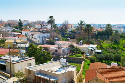 Aerial skyline of Paphos town, houses of typical architecture, Cyprus