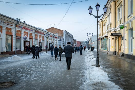 IRKUTSK, RUSSIA - FEBUARY 26, 2020 : View of streets of Irkutsk city downtown by winter. Irkoutsk is the capital of Siberia in Russia.