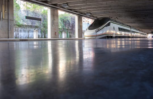 Train waiting at european high-speed rail station. Travel on train concept