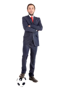 Businessman with soccer ball posing isolated in white
