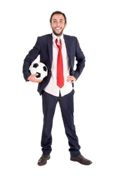 Businessman with soccer ball posing isolated in white
