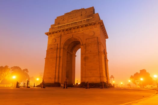 India Gate in New Delhi, evening view.