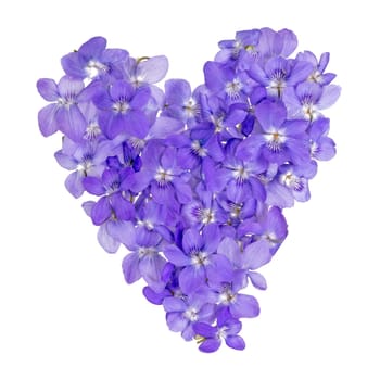 Heart of jumbled, small, violet flowers isolated on white