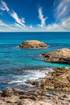 Beautiful view of the Mediterranean Sea with the rocky coast on the Spanish Balearic island Mallorca near cala ratjada