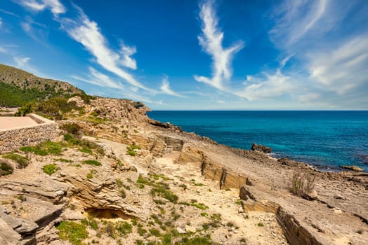 Beautiful view of the Mediterranean Sea with the rocky coast on the Spanish Balearic island Mallorca near cala ratjada