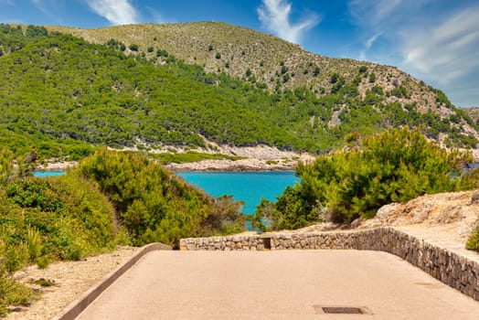 View of a small bay surrounded by hills on the Spanish Balearic island Mallorca near cala ratjada