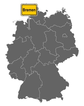 Landkarte von Deutschland mit Ortsschild von Bremen