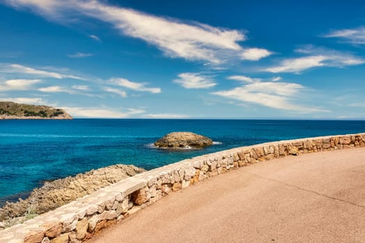 Beautiful view of the Mediterranean Sea with the rocky coast on the Spanish Balearic island Mallorca near cala ratjada
