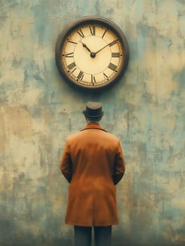 A man, back to the viewer, observes a large antique clock. Time passes, while he waits.