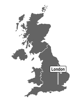 Landkarte von Großbritannien mit Ortsschild von London