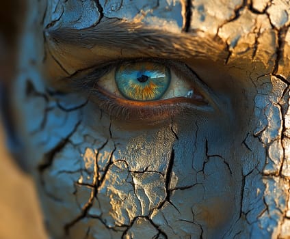 Close-up of a person's eye, painted with cracked earth tones. The artist used the image to depict a sense of drought or desolation.