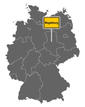 Landkarte von Deutschland mit Ortsschild von Magdeburg