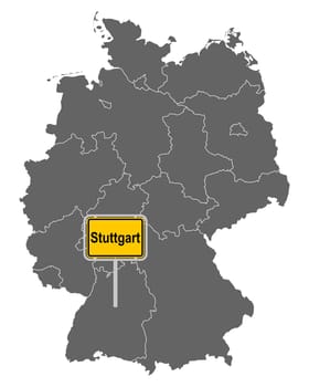 Landkarte von Deutschland mit Ortsschild von Stuttgart