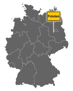 Landkarte von Deutschland mit Ortsschild von Potsdam