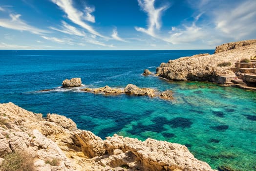 Beautiful view of the Mediterranean Sea with the rocky coast on the Spanish Balearic island Mallorca near cala ratjada
