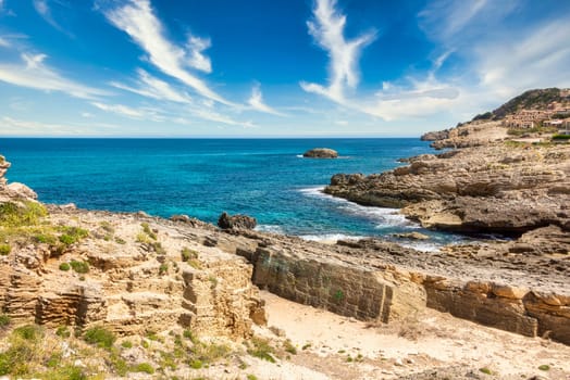 Beautiful view of the Mediterranean Sea with the rocky coast on the Spanish Balearic island Mallorca near cala ratjada