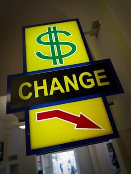 neon sign of an exchange office in front of a shopping centre in Karlovy Vary in the Czech Republic