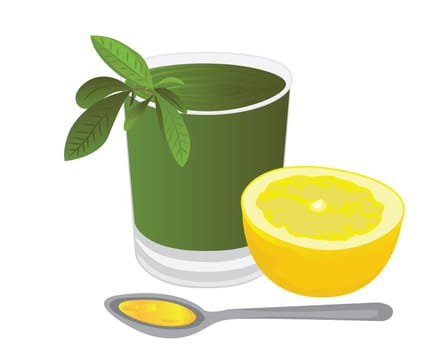 A glass of tea with lemon, honey and a tea brunch leaves vector illustration on a white background